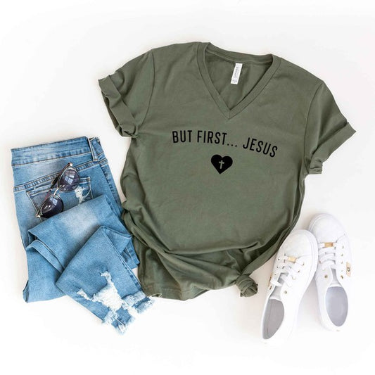 But First Jesus Heart V-Neck Graphic Tee